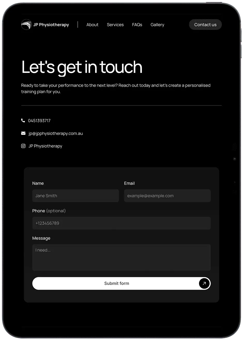 Contact form on tablet
