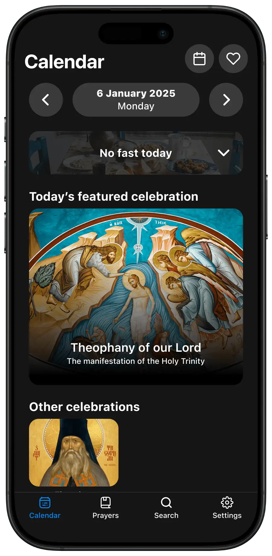Calendar showing today's celebrations