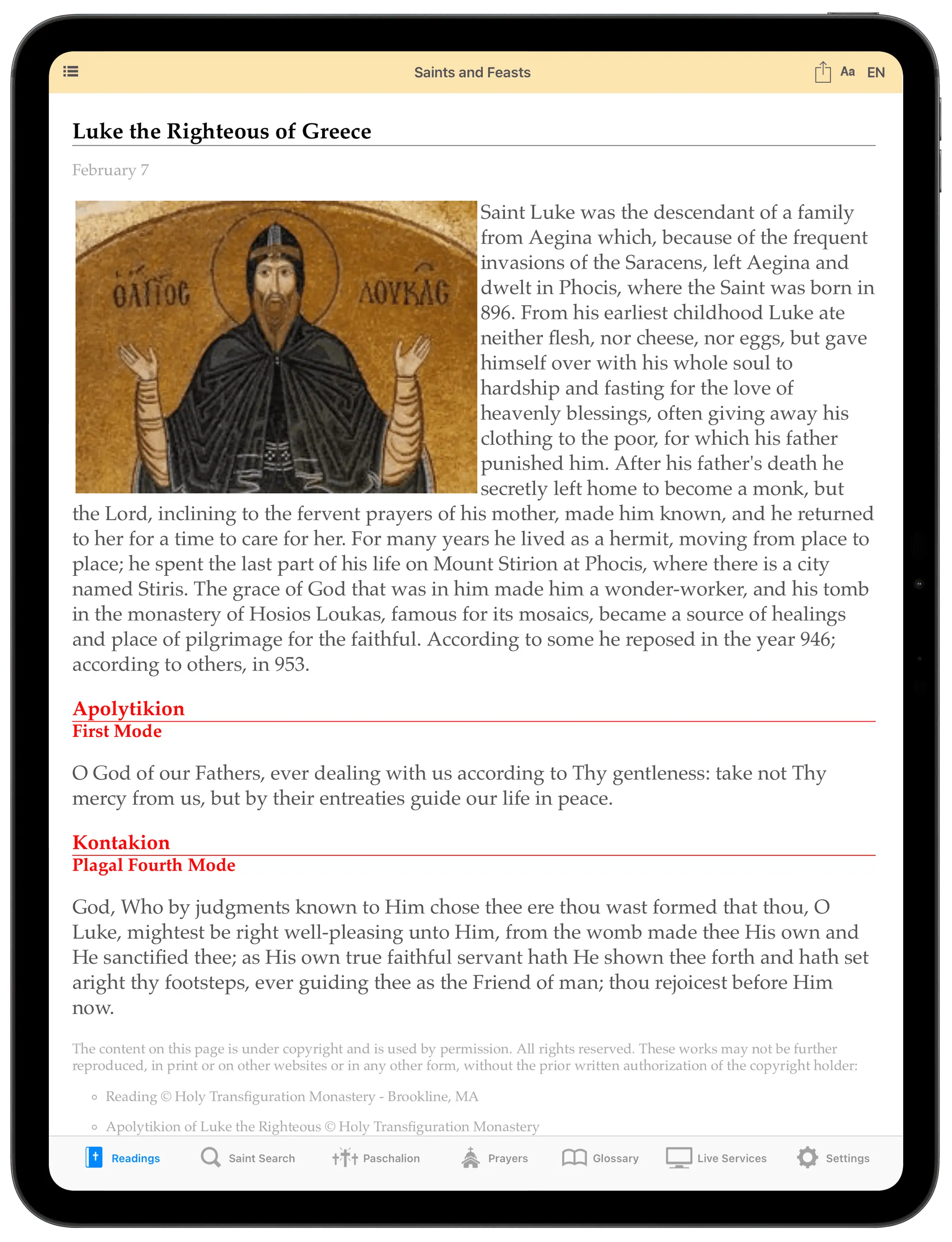 Original saints and feasts on iPad
