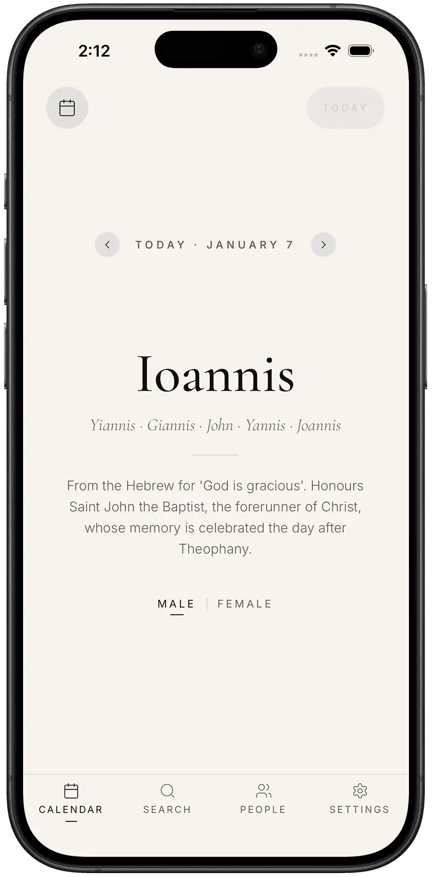 Today screen showing whose nameday it is